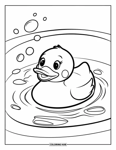 Dibujo del color amarillo para colorear para niños: Un pato sonriente flota en una bañera con burbujas