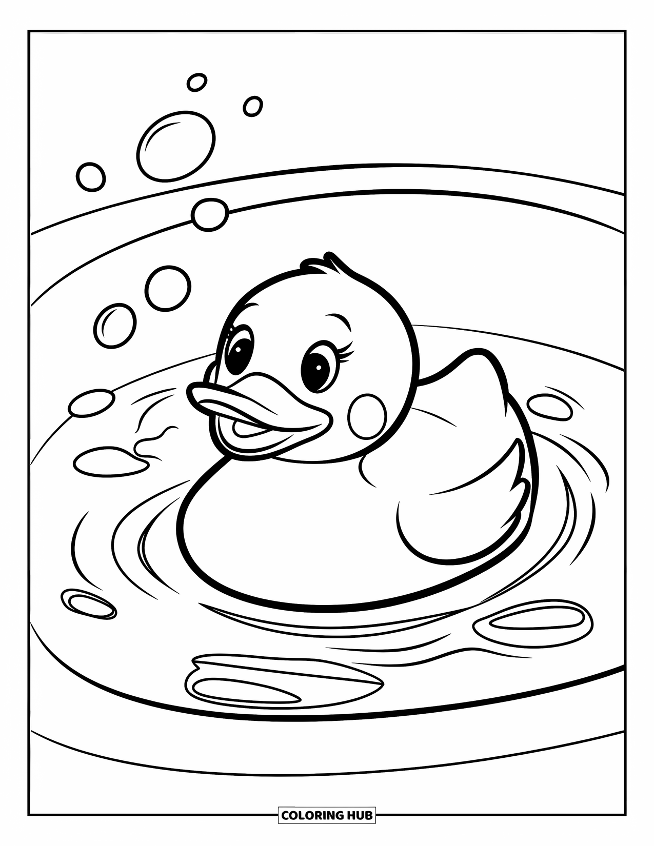 Yellow Coloring Page for Kids: A smiling duck floats in a bubbly tub