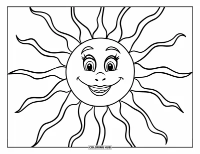 Dibujo del color amarillo para colorear para niños: Un sol sonriente con rayos gruesos que se extienden en todas direcciones