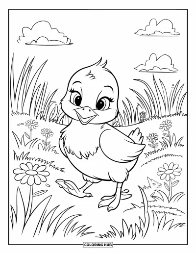 Dibujo del color amarillo para colorear para niños: Un pollito pequeño camina entre hierba alta llena de flores y nubes
