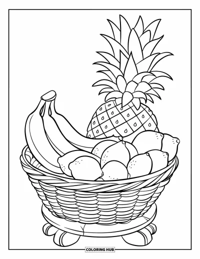 Dibujo del color amarillo para colorear para niños: Una cesta de frutas tejida llena de frutas tropicales sobre un soporte de madera