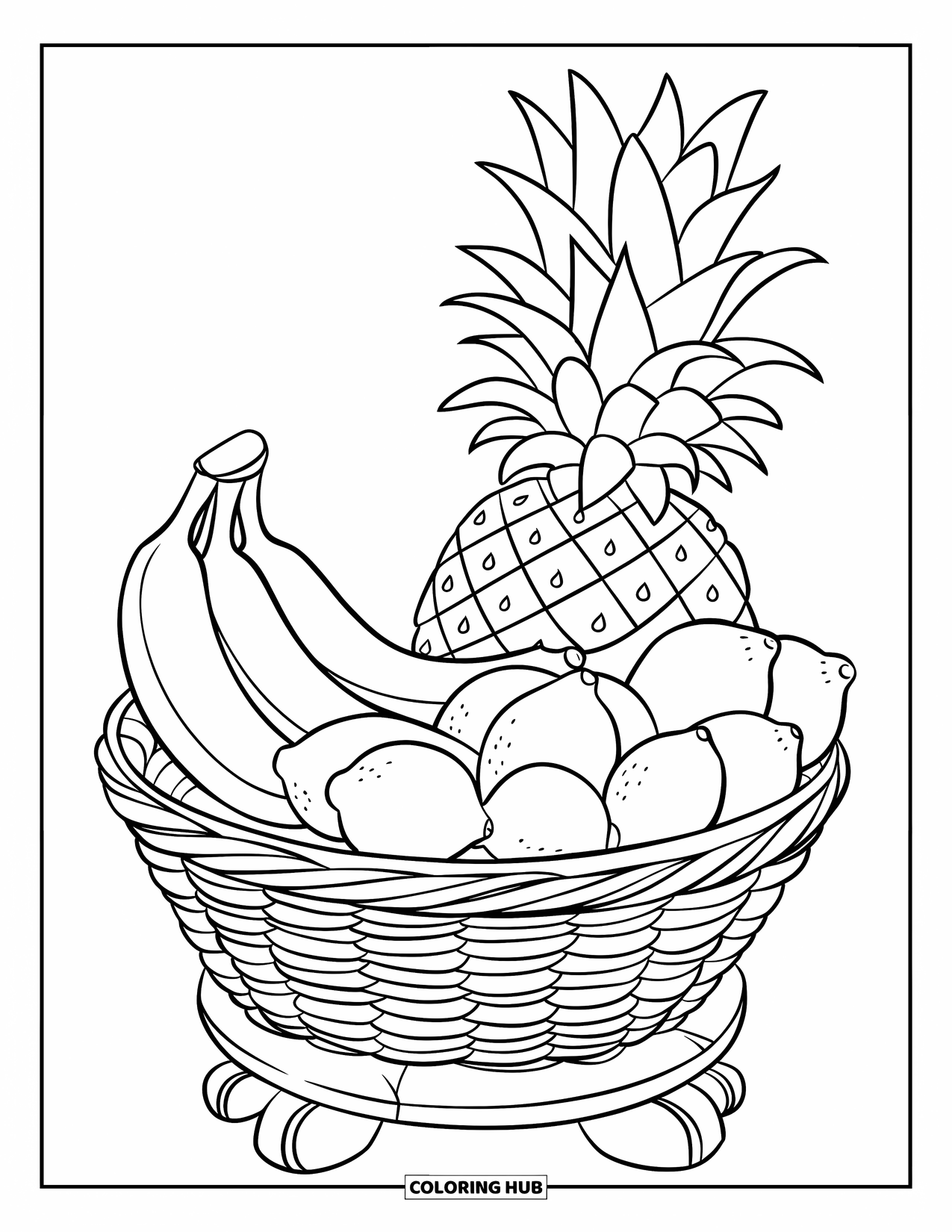 Yellow Coloring Page for Kids: A woven fruit basket holds tropical fruits on a wooden stand
