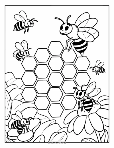 Dibujo del color amarillo para colorear para niños: Abejas vuelan cerca de un panal y una de ellas se posa en una flor