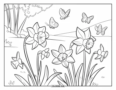 Dibujo del color amarillo para colorear para niños: Mariposas vuelan sobre narcisos en flor en un paisaje pintoresco