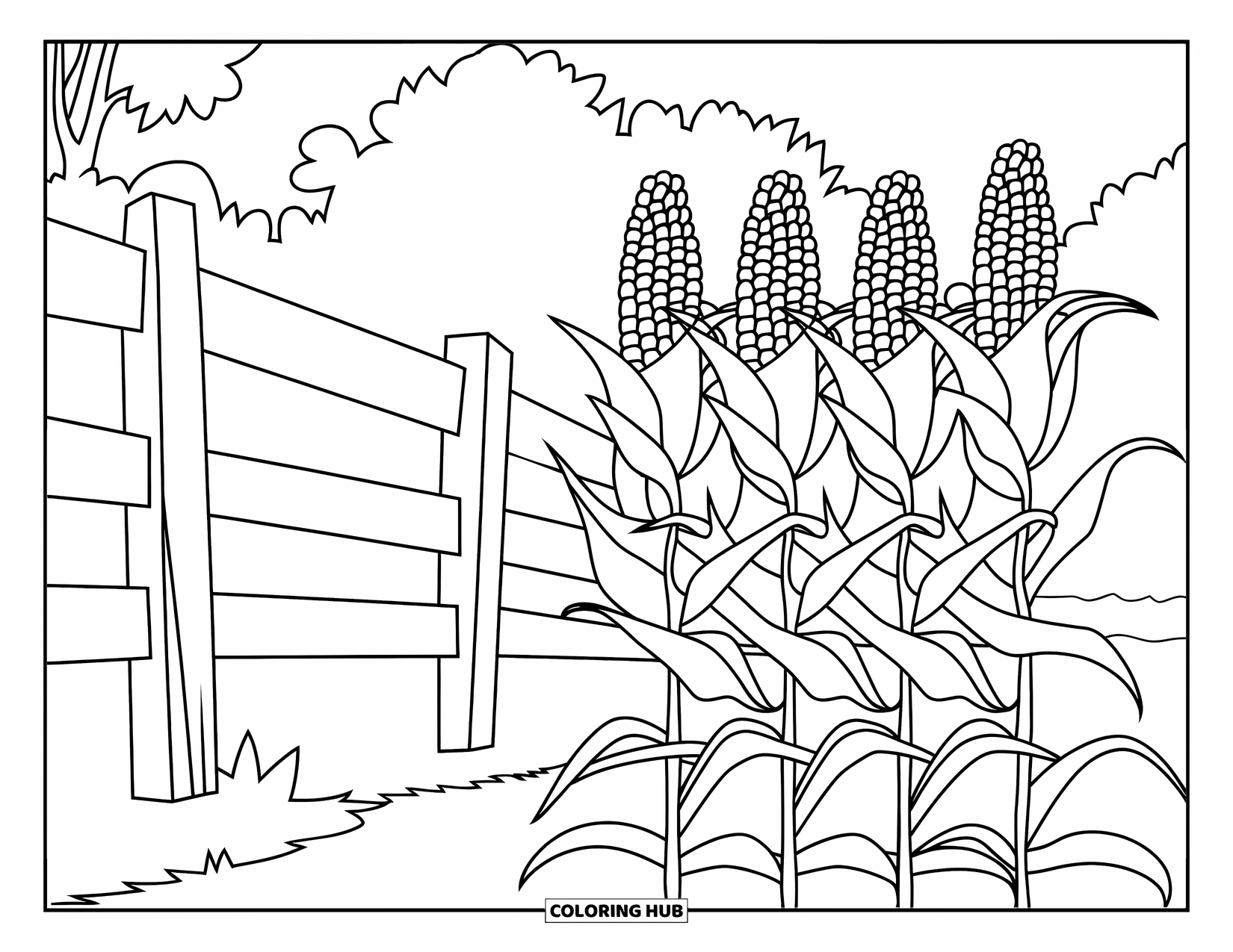 Yellow Coloring Page for Kids: Corn plants stand tall near a wooden fence and a few trees