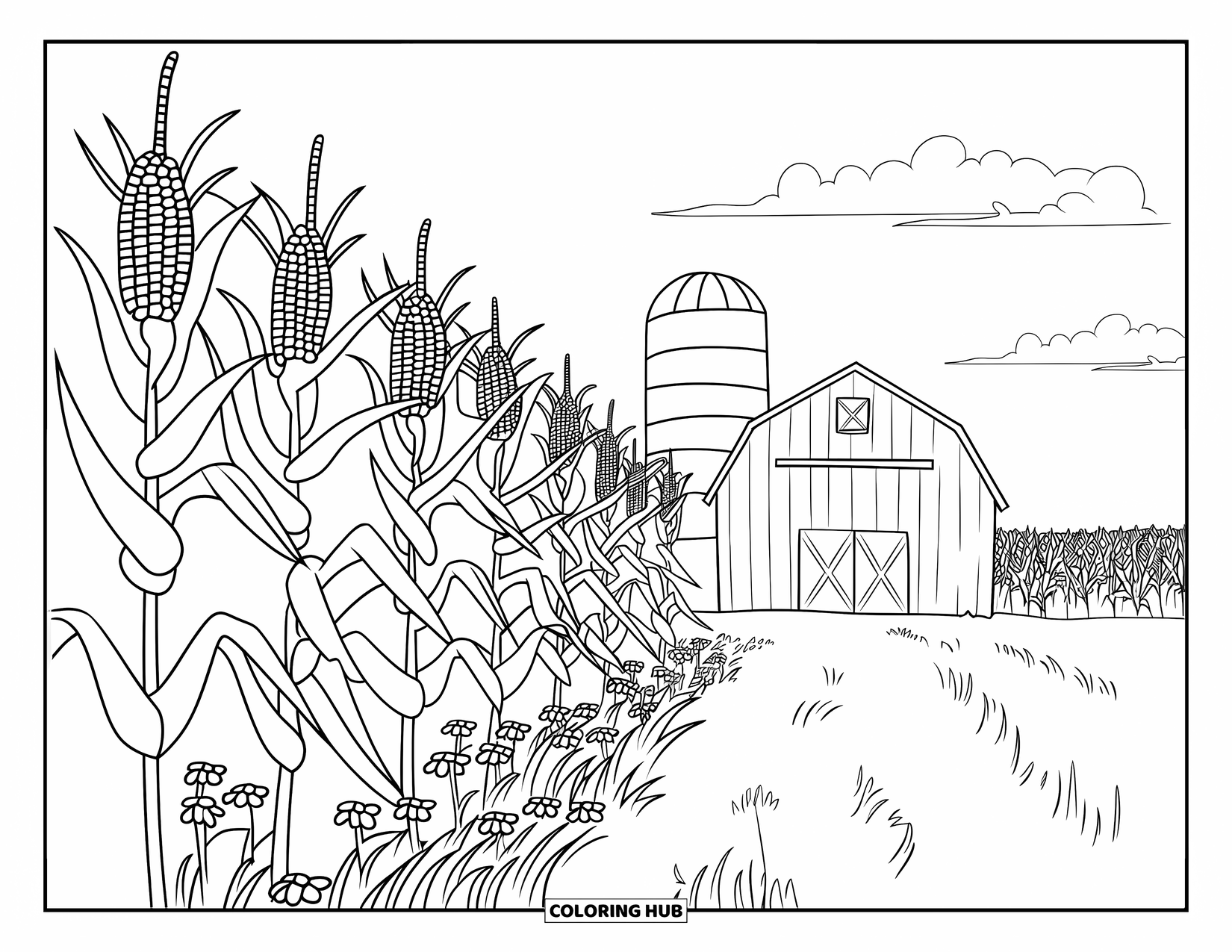Yellow Coloring Page for Kids: Corn rows stretch across a sunny field with a red barn and yellow flowers