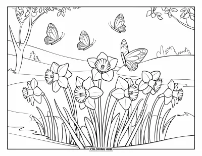 Dibujo del color amarillo para colorear para niños: Narcisos florecen en un jardín con mariposas volando por encima