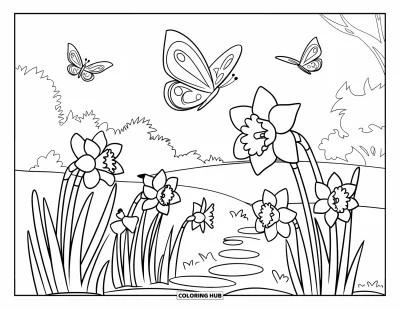 Dibujo del color amarillo para colorear para niños: Caminos de piedra se abren paso entre un jardín de narcisos con mariposas encima