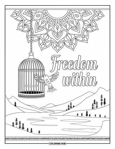 Coloriage sur le rétablissement après une addiction pour adultes : Un oiseau s'échappe d'une cage ouverte sous un mandala avec « Freedom Within » en dessous
