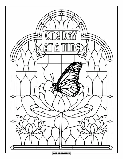 Coloriage sur le rétablissement après une addiction pour adultes : Un papillon se pose sur un lotus dans un vitrail avec « One Day at a Time » au-dessus
