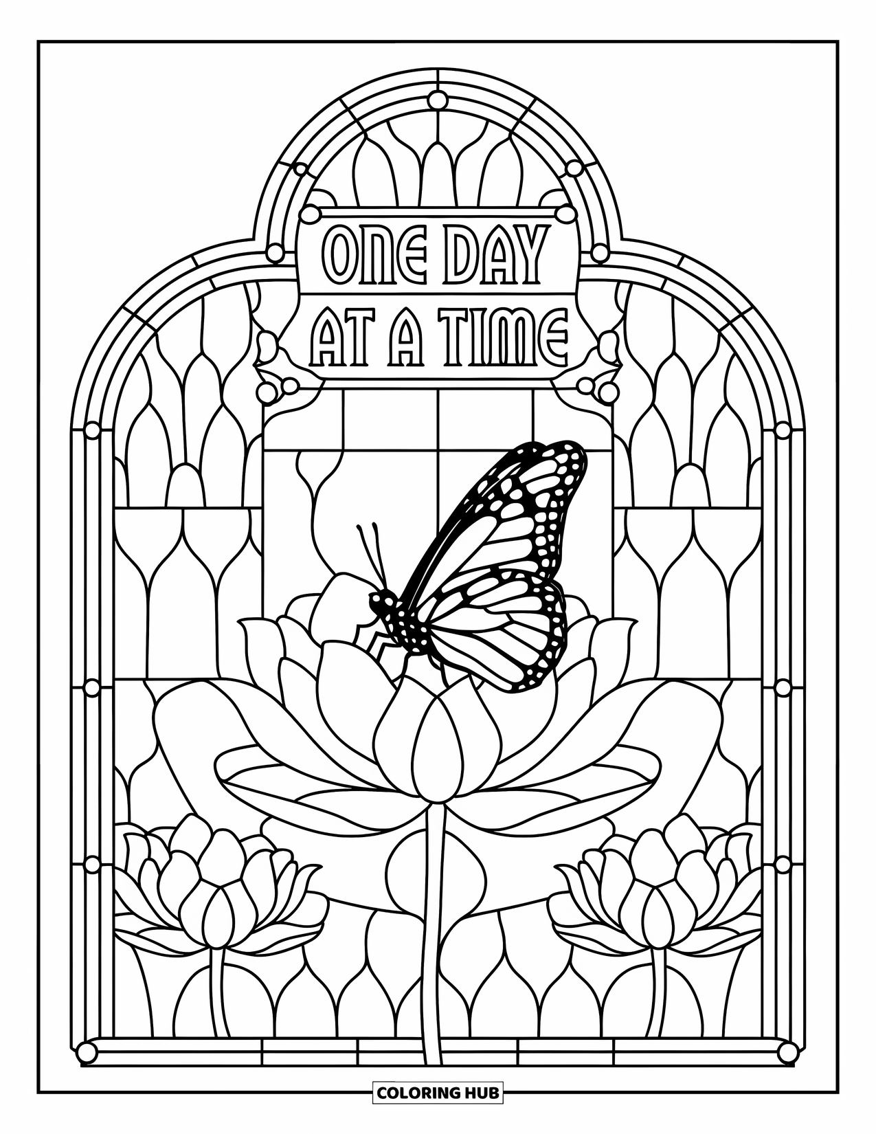 Addiction Recovery Coloring Page for Adults: A butterfly sits on a lotus in stained glass with "One Day at a Time" above