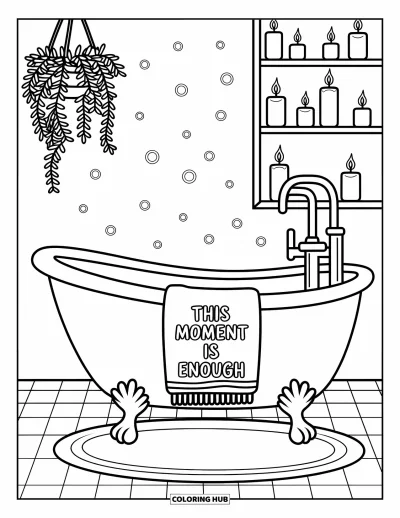 Coloriage sur le rétablissement après une addiction pour adultes : Une scène de baignoire à la lueur des bougies rappelle doucement : « This moment is enough »