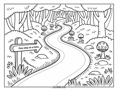 Coloriage sur le rétablissement après une addiction pour adultes : Un charmant sentier forestier serpente entre des arbres et des champignons avec un message bienveillant