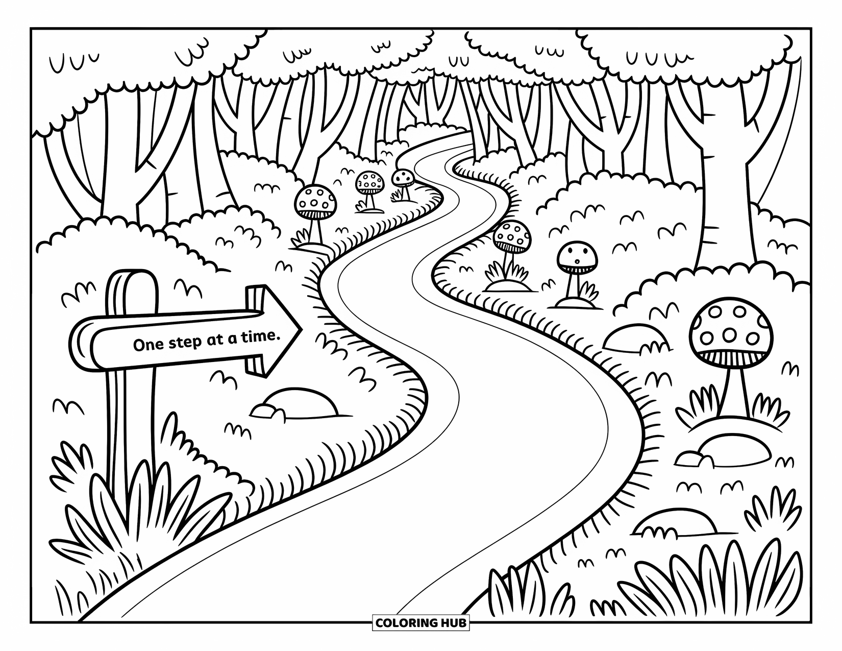 Addiction Recovery Coloring Page for Adults: A cute forest trail winds past trees and toadstools with a kind message