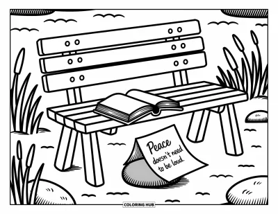 Coloriage sur le rétablissement après une addiction pour adultes : Une scène de lac paisible avec un banc, un livre ouvert et une citation apaisante