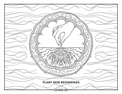Coloriage sur le rétablissement après une addiction pour adultes : Une graine plantée étend ses racines à travers un mandala avec « Plant New Beginnings » en dessous