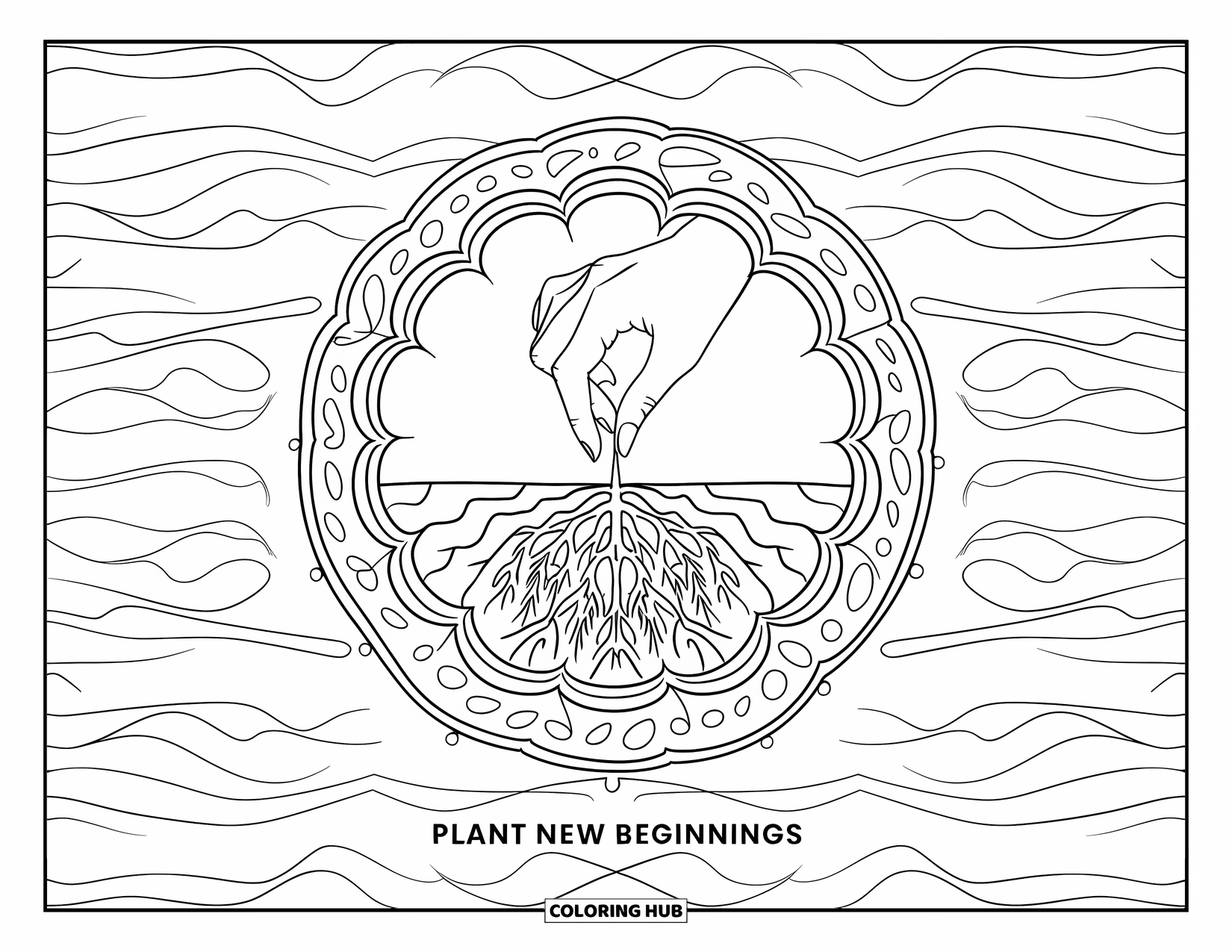 Addiction Recovery Coloring Page for Adults: A planted seed spreads roots through a mandala with "Plant New Beginnings" below
