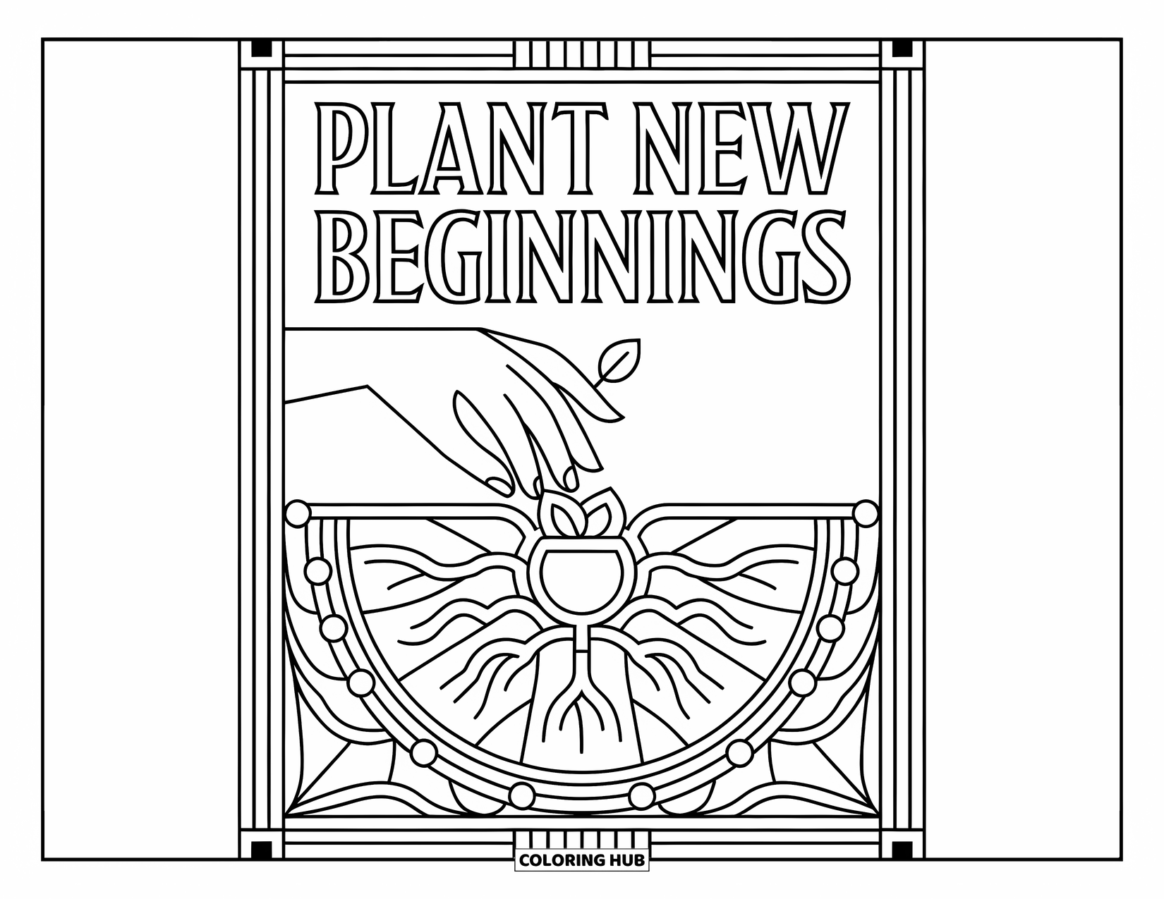 Addiction Recovery Coloring Page for Adults: A seed grows from a hand into a mandala with "Plant New Beginnings" above