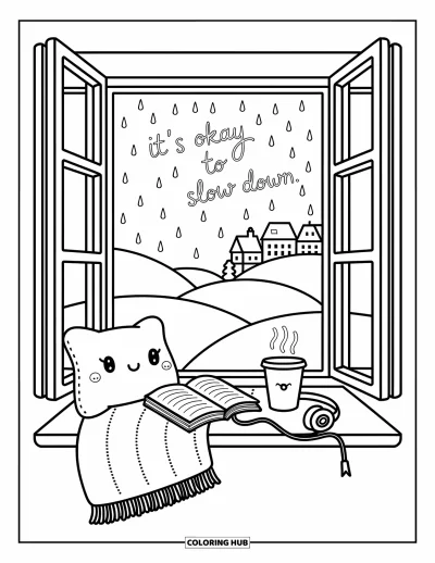 Coloriage sur le rétablissement après une addiction pour adultes : Une douce scène de fenêtre rayonne avec du thé, des livres et les mots « It's okay to slow down »