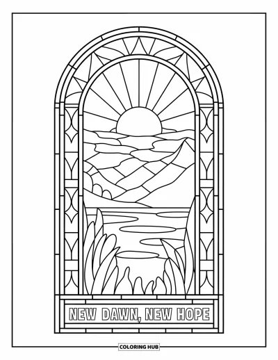 Coloriage sur le rétablissement après une addiction pour adultes : Un lever de soleil en vitrail illumine des montagnes avec « New Dawn, New Hope » en dessous
