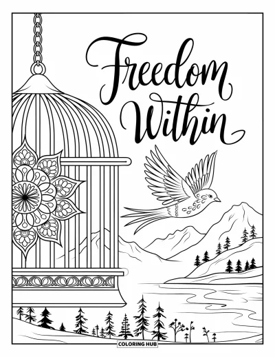 Coloriage sur le rétablissement après une addiction pour adultes : « Freedom Within » est inscrit tandis qu'un oiseau s'échappe d'une cage sur une scène apaisante