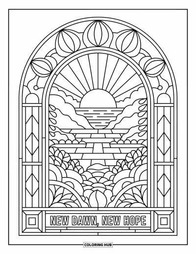 Coloriage sur le rétablissement après une addiction pour adultes : « New Dawn, New Hope » rayonne sous un lever de soleil paisible derrière un lac et des collines