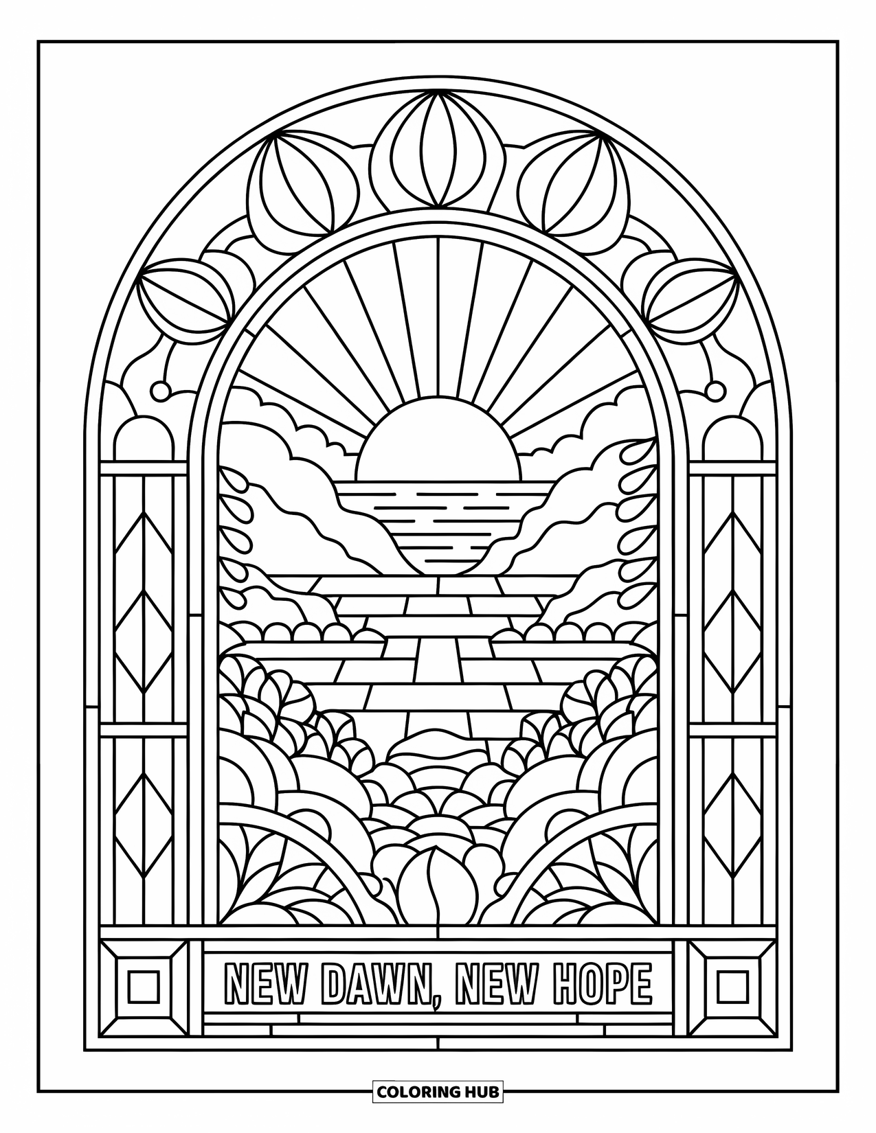 Addiction Recovery Coloring Page for Adults: "New Dawn, New Hope" glows beneath a peaceful sunrise behind lake and hills