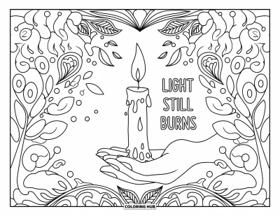Coloriage sur le rétablissement après une addiction pour adultes : Des lianes tourbillonnantes encadrent une main à la lueur d'une bougie avec le message « Light Still Burns »