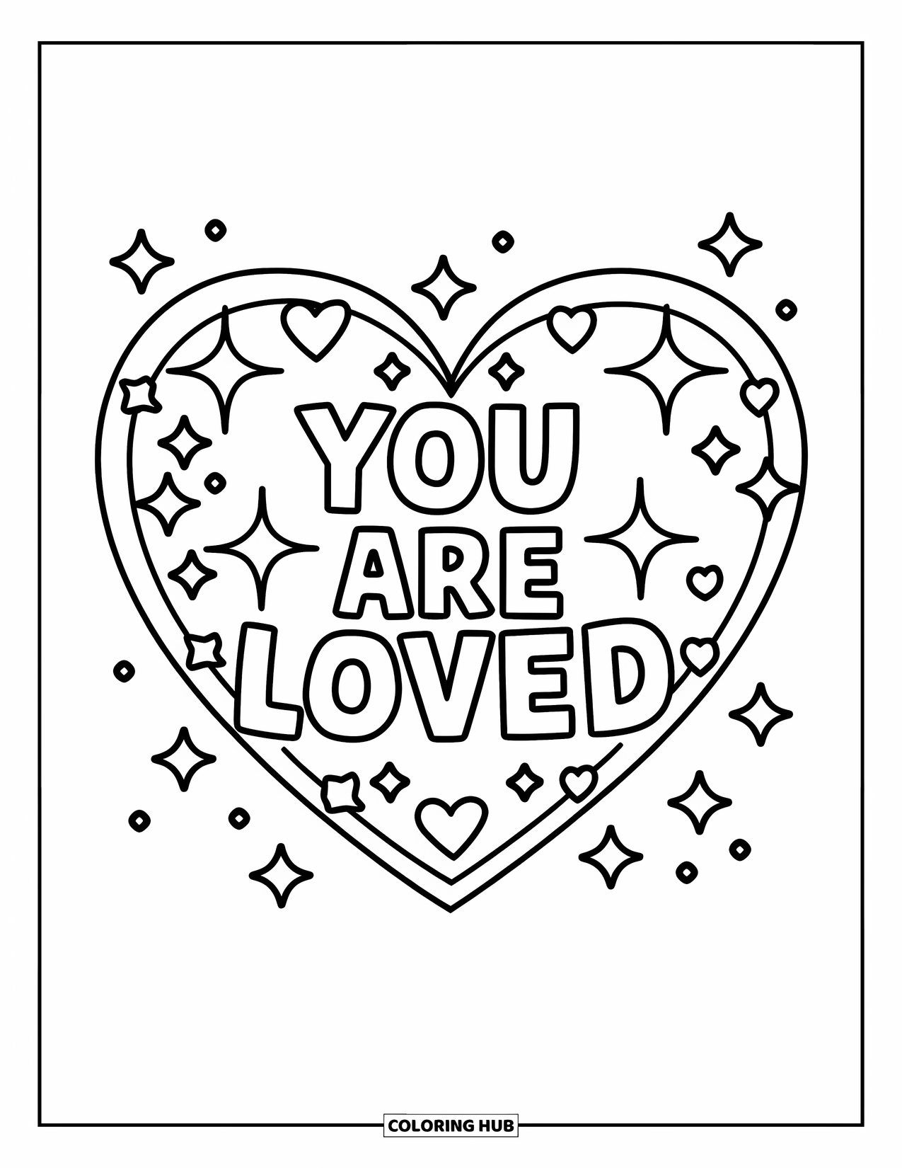 Addiction Recovery Coloring Page for Kids: A big sparkling heart says "You Are Loved" in the center