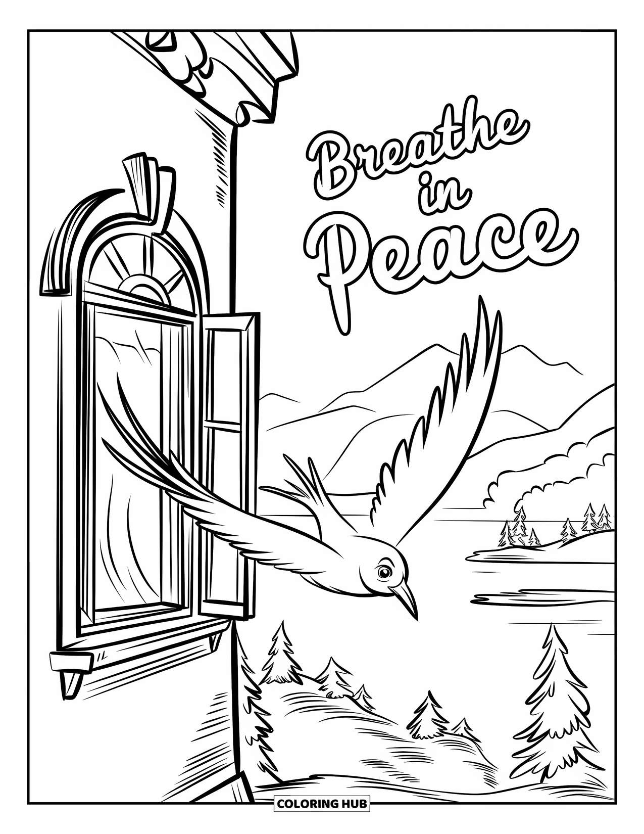 Addiction Recovery Coloring Page for Kids: A bird flies past a window with "Breathe In Peace" floating nearby