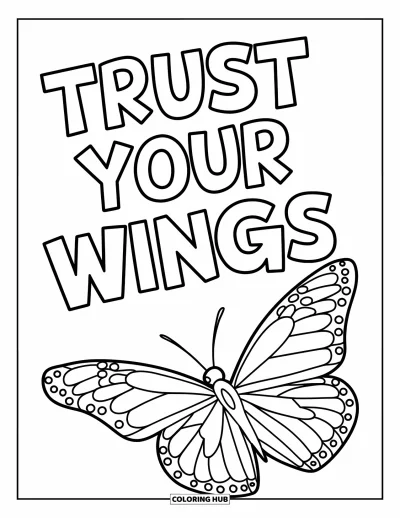 Coloriage sur le rétablissement après une addiction pour enfants : Un papillon flotte au-dessus d'une main avec la douce phrase « Trust Your Wings »