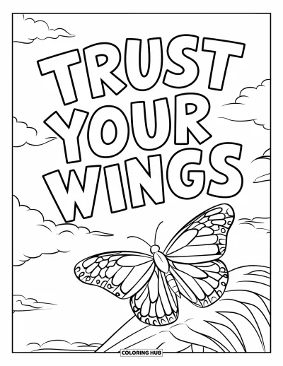 Coloriage sur le rétablissement après une addiction pour enfants : Un papillon sur une main s'envole sous le message « Trust Your Wings »