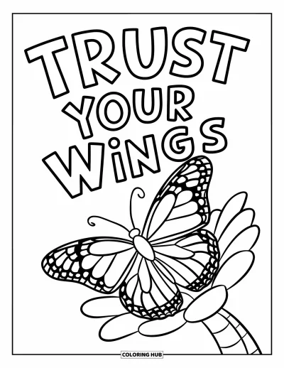 Coloriage sur le rétablissement après une addiction pour enfants : Un papillon se pose délicatement sur une main avec « Trust Your Wings » au-dessus