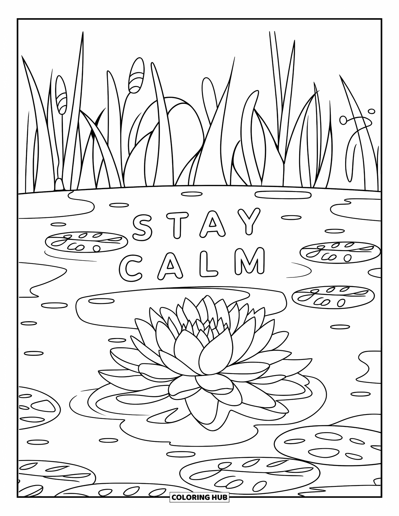 Addiction Recovery Coloring Page for Kids: A calm lotus on still water glows beneath the message "Stay Calm"