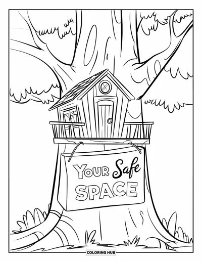 Coloriage sur le rétablissement après une addiction pour enfants : Une cabane dans les arbres affiche le panneau « Your Safe Space »