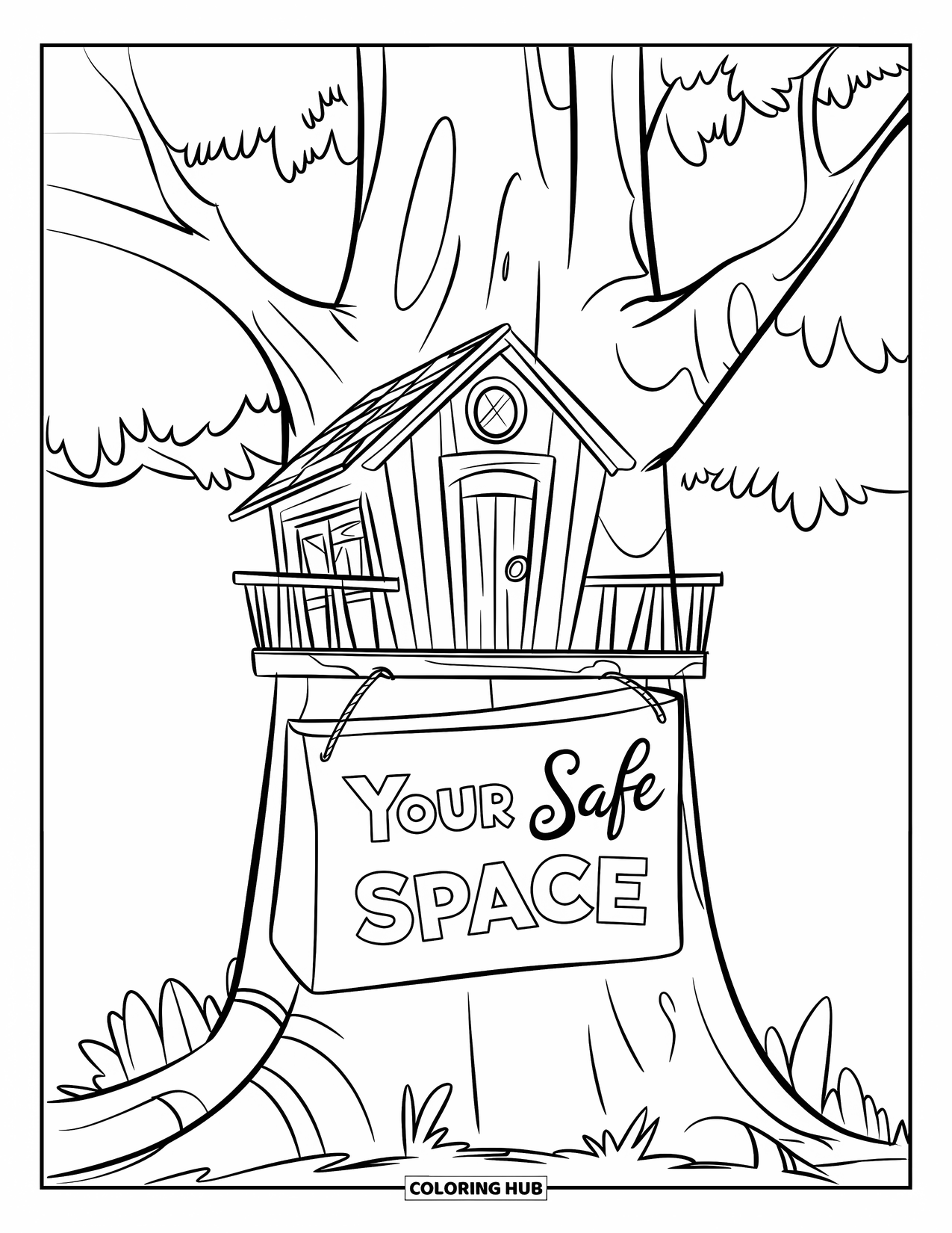 Addiction Recovery Coloring Page for Kids: A cozy treehouse displays the sign "Your Safe Space"