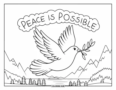 Coloriage sur le rétablissement après une addiction pour enfants : Une colombe porte la paix dans son bec avec « Peace Is Possible » dans les nuages