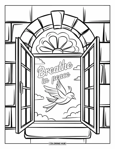 Coloriage sur le rétablissement après une addiction pour enfants : Un oiseau en vol passe devant une fenêtre avec le message « Breathe In Peace »
