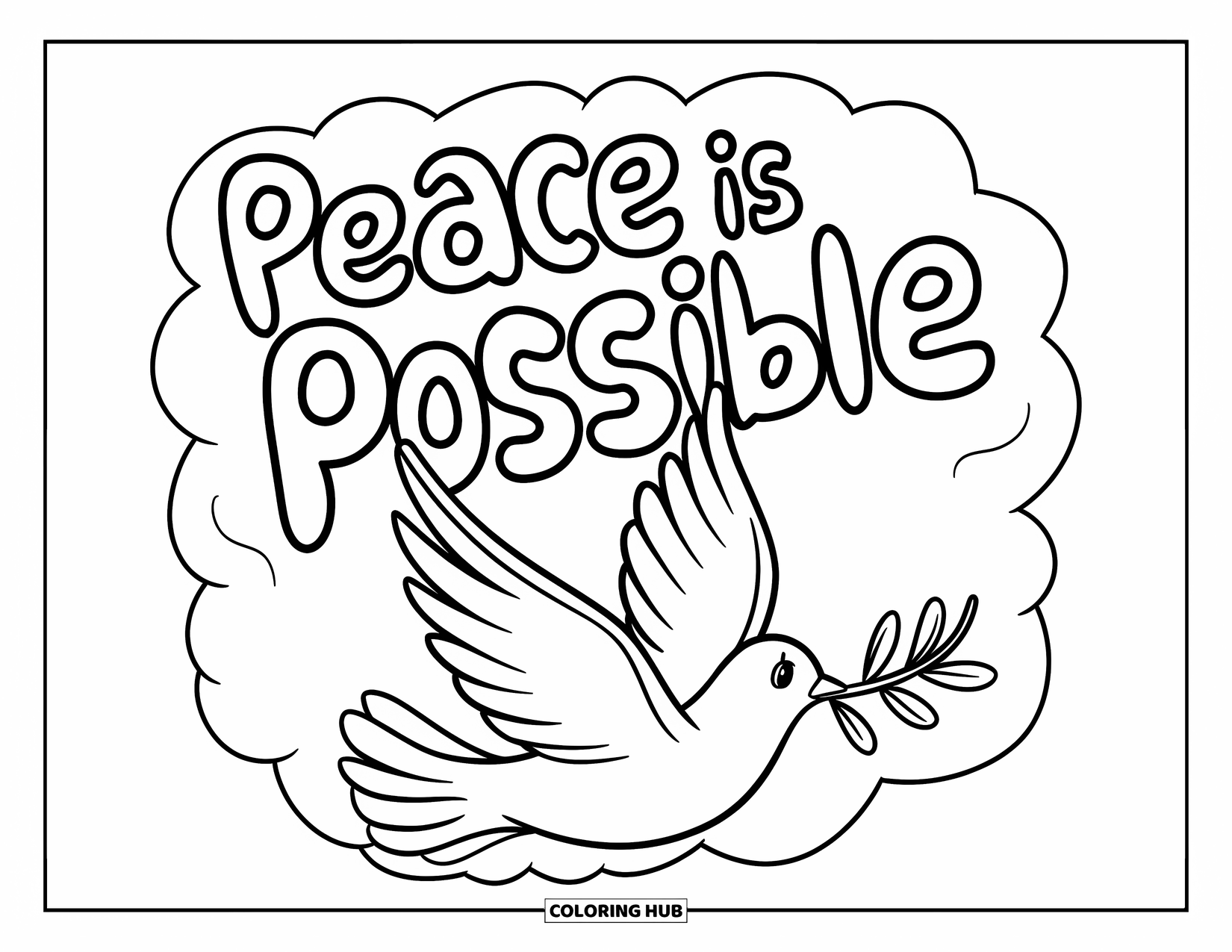Addiction Recovery Coloring Page for Kids: A flying dove holds an olive branch beneath soft cloud letters: "Peace Is Possible"