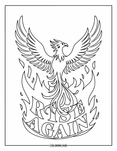 Coloriage sur le rétablissement après une addiction pour enfants : Un phénix gracieux s'envole d'un feu doux avec « Rise Again » brillant en dessous
