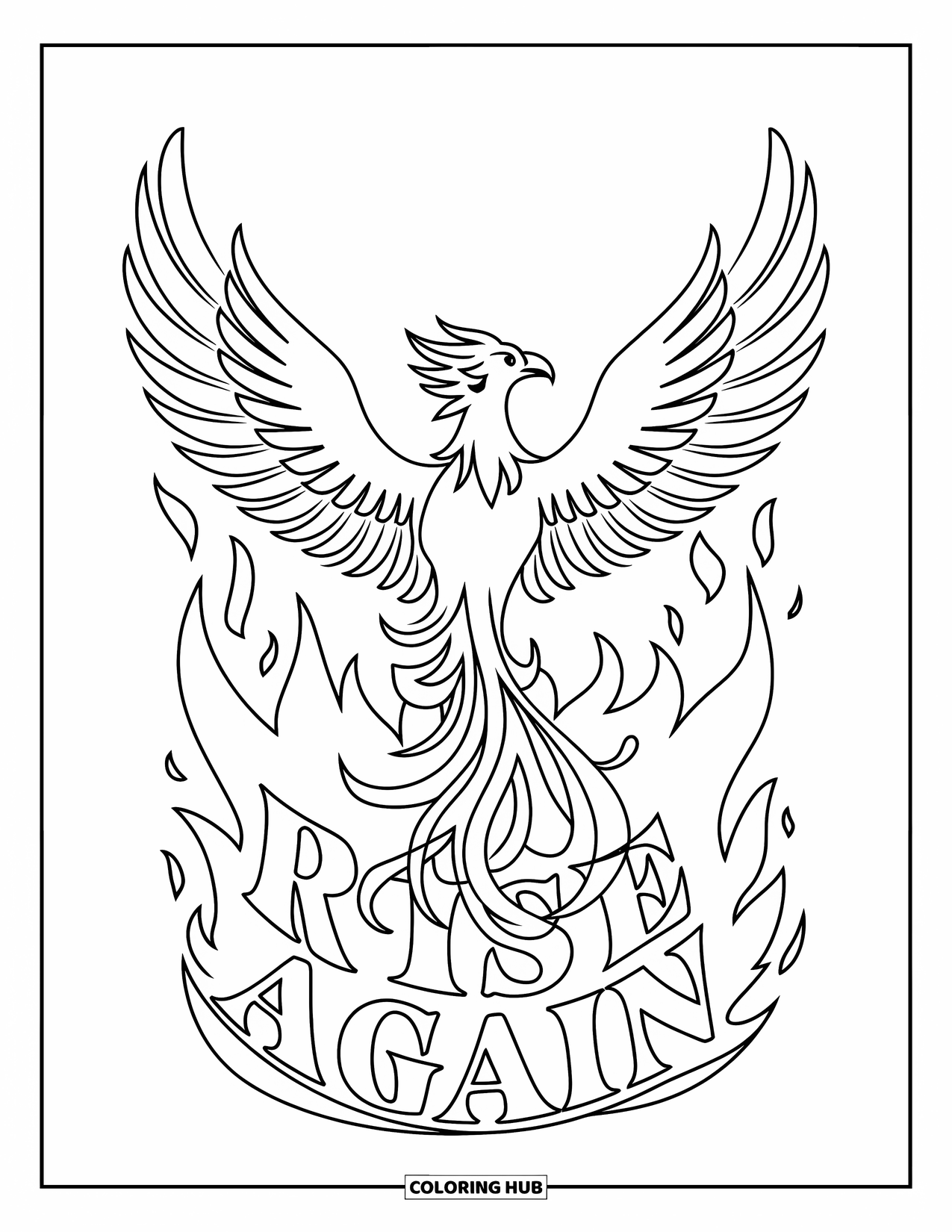 Addiction Recovery Coloring Page for Kids: A graceful phoenix lifts from soft fire with "Rise Again" glowing underneath