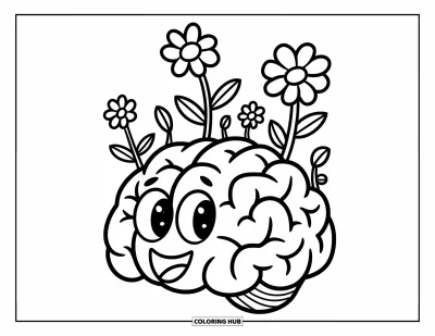 Coloriage sur le rétablissement après une addiction pour enfants : Un cerveau joyeux fleuri sourit sous un ciel blanc et lumineux