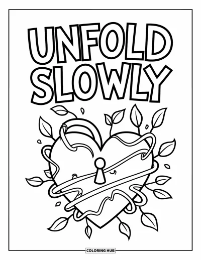 Coloriage sur le rétablissement après une addiction pour enfants : Un cœur se libère de lianes emmêlées avec « Unfold Slowly » au-dessus