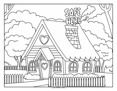 Coloriage sur le rétablissement après une addiction pour enfants : Une maison au toit en cœur avec de la fumée de cheminée dit « Safe Here »
