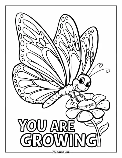 Coloriage sur le rétablissement après une addiction pour enfants : Un papillon joyeux vole au-dessus d'une fleur épanouie disant « You Are Growing »