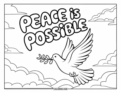 Coloriage sur le rétablissement après une addiction pour enfants : Une colombe paisible glisse sous un message nuageux : « Peace Is Possible »