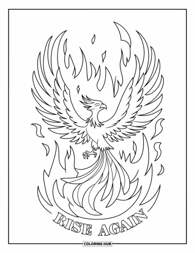Coloriage sur le rétablissement après une addiction pour enfants : Un phénix s'élève des flammes avec la phrase « Rise Again » en dessous