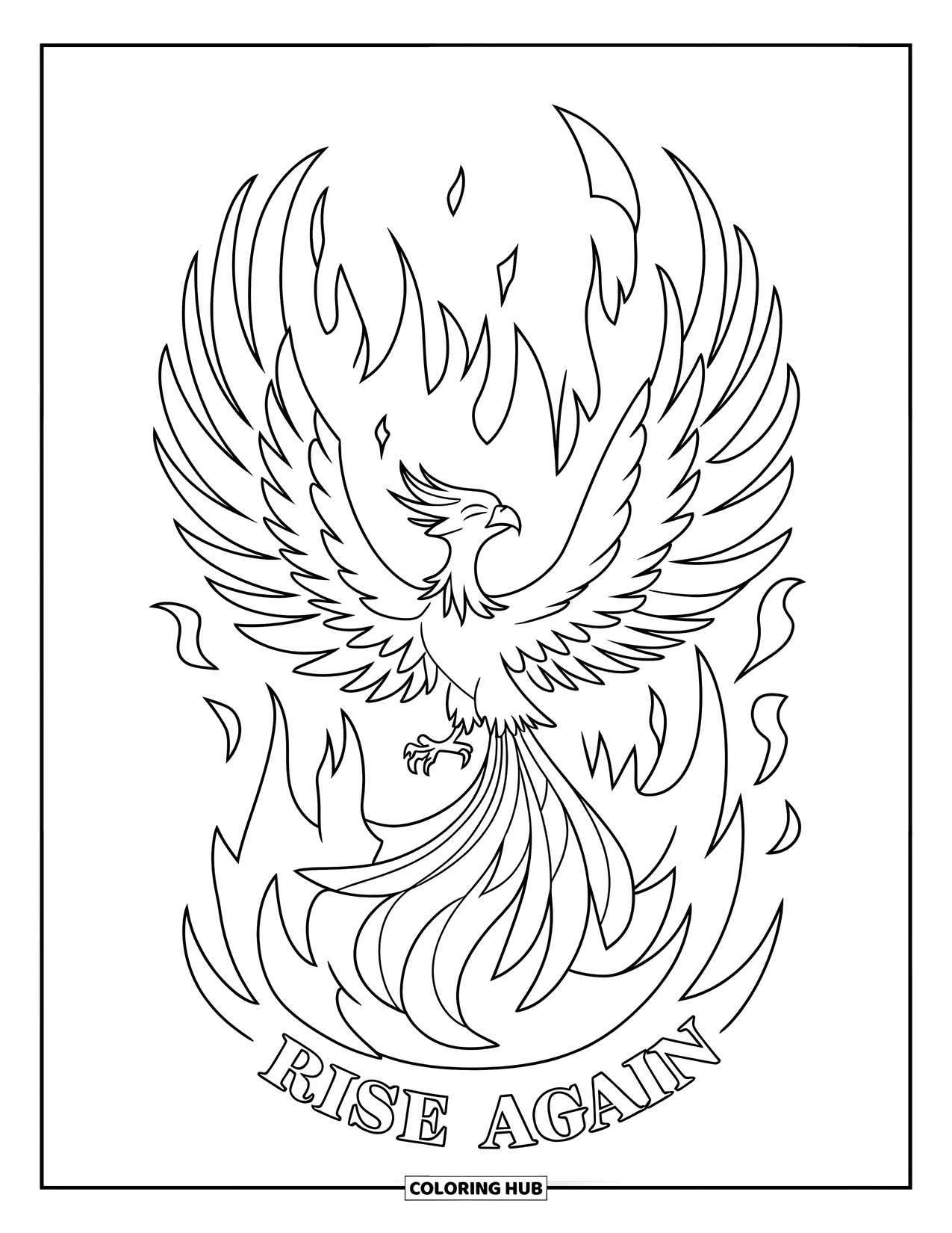 Addiction Recovery Coloring Page for Kids: A phoenix rises from flames with the phrase "Rise Again" below