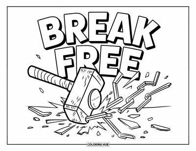 Coloriage sur le rétablissement après une addiction pour enfants : Un marteau brise des chaînes avec les mots audacieux « Break Free »