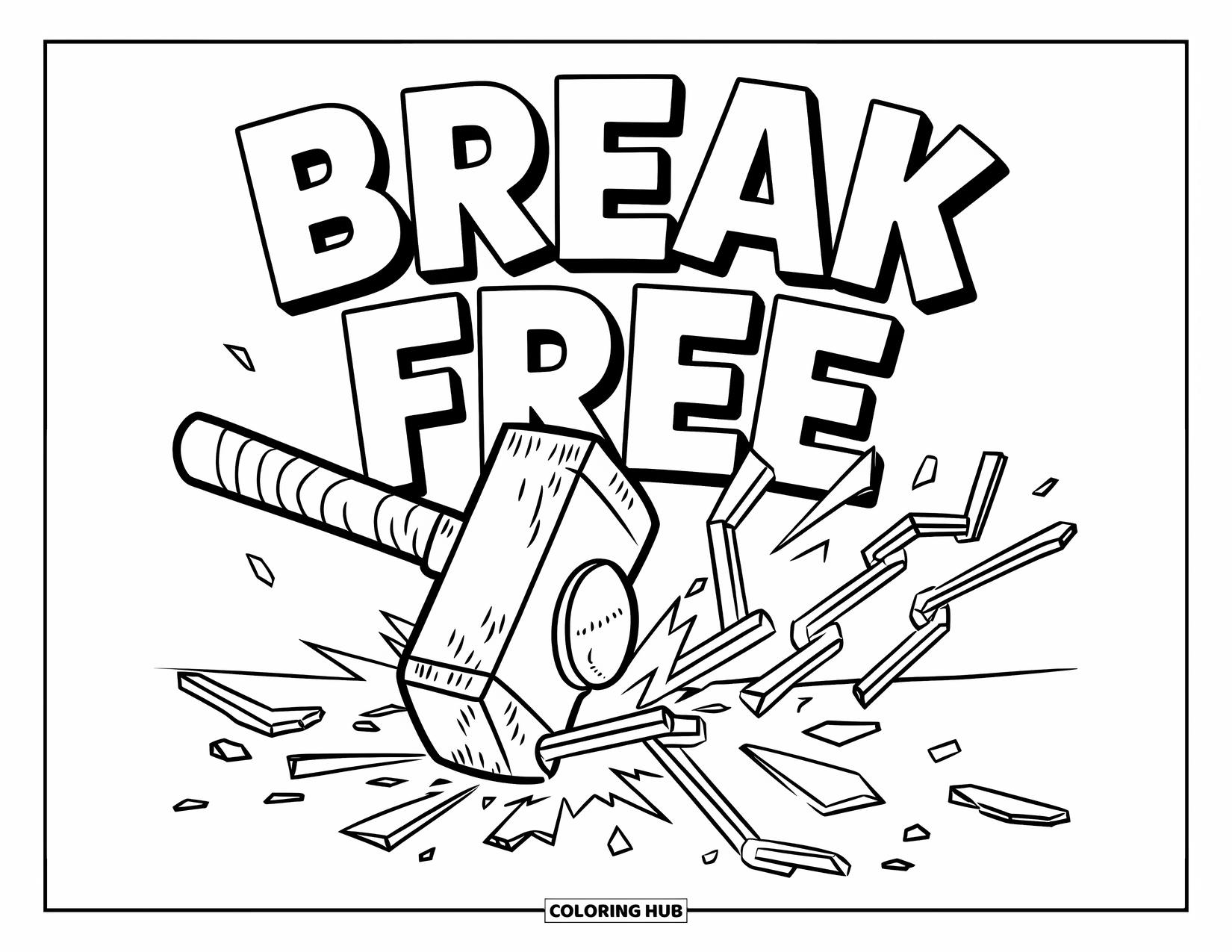 Addiction Recovery Coloring Page for Kids: A stone hammer smashes chains with bold words saying "Break Free"